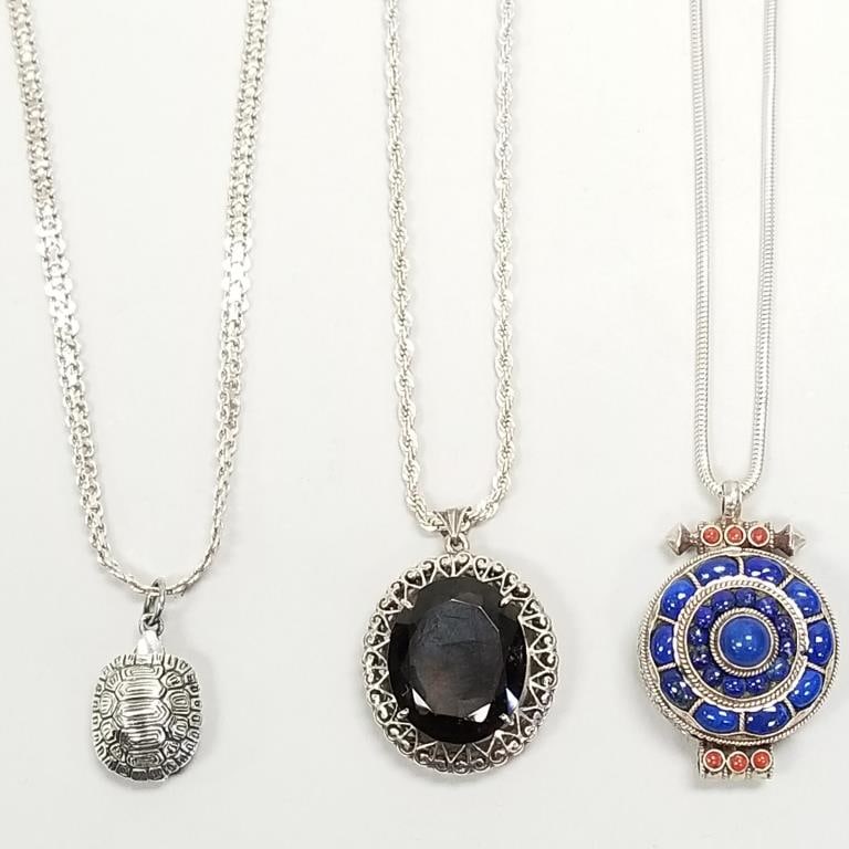 3 silver necklaces including turtle pill box pendant, Nepalese prayer box, large smoky quartz - 22": 3 silver necklaces including turtle pill box pendant, Nepalese prayer box, large smoky quartz - 22" largest