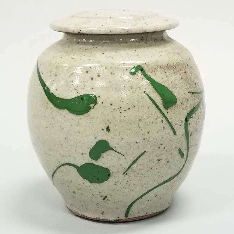 Unusual Warren Mackenzie signed lidded vase with green painted design - 8 1/2" high (1 of 12)