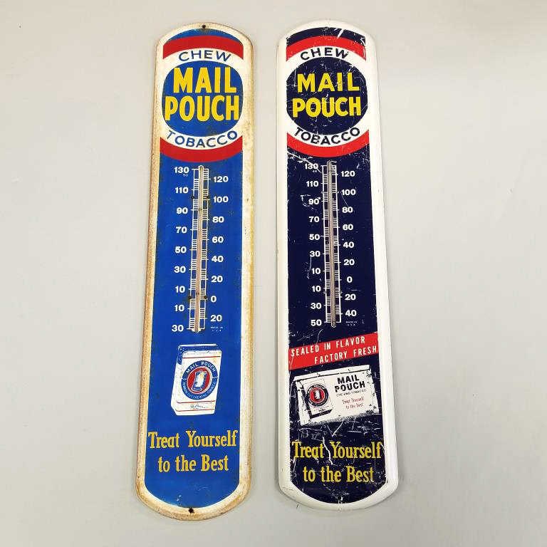2 Mail Pouch Chew Tobacco thermometers (as seen- rust & scratches) 8" x 39" largest (1 of 8)