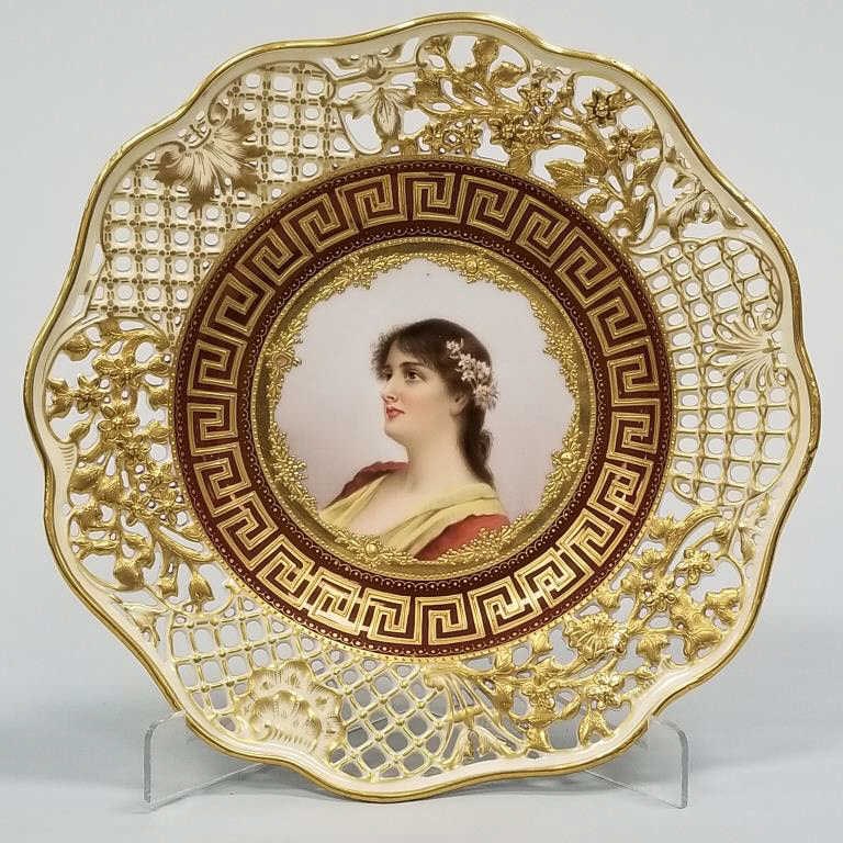 Beehive mark hand painted porcelain portrait plate with reticulated edge & raised gilt decoration - (1 of 8)
