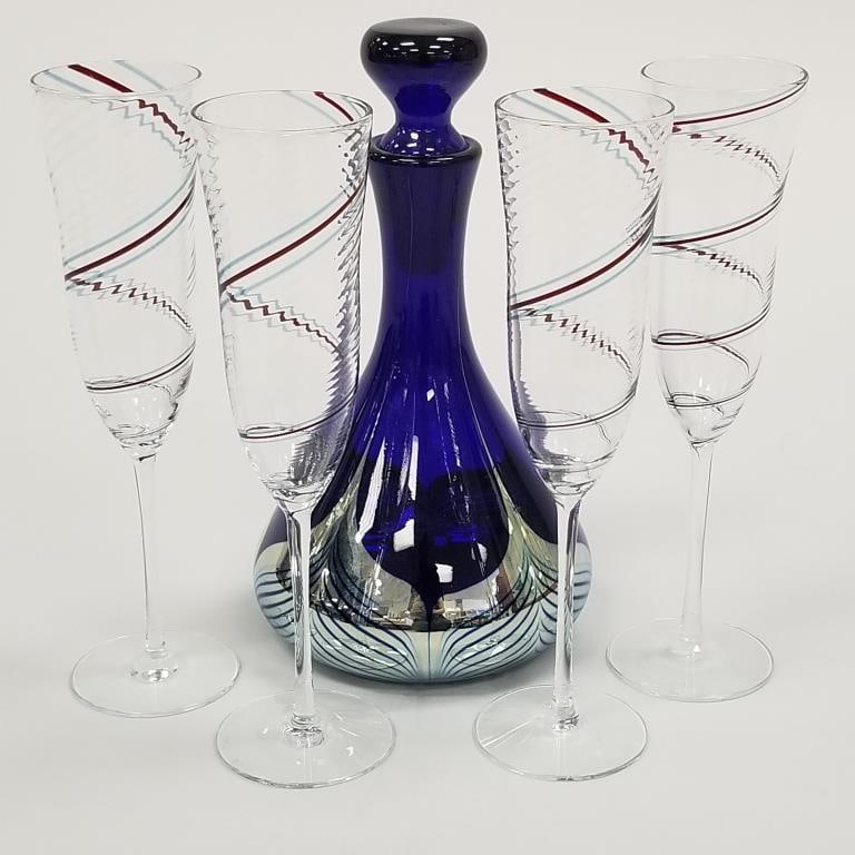 5 pieces of art glass including signed Korea decanter 10 1/2" high & 4 signed Huss champagne flutes (1 of 12)