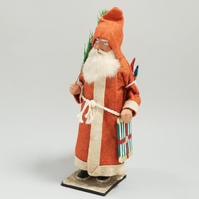 Antique 11 1/2" German Santa with composition head & hands on wood base (may be some newer