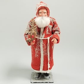 Vintage 12 1/2" Santa candy container with composition head and hands on wood base (may be some