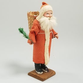 Antique 9 1/2" German musical Santa with composition heads & hands with chime ball inside (feet