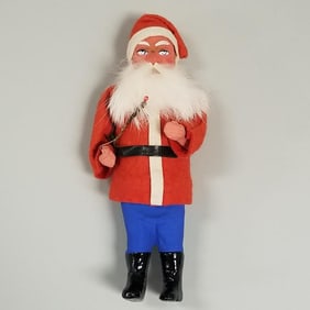 Vintage 7" Santa candy container with blue composition pants & legs, etc.