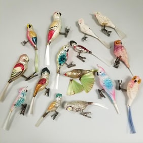 15 assorted vintage, etc. blown glass bird Christmas ornaments - owls, parakeets, etc. with spun