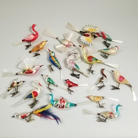 20 assorted vintage, etc. blown glass bird Christmas ornaments with spun glass tails - 6" longest