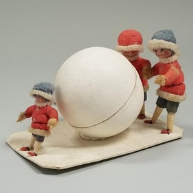 Antique German Heubach bisque head kids & snowball candy container - 6 3/4" long x 3 3/4" high