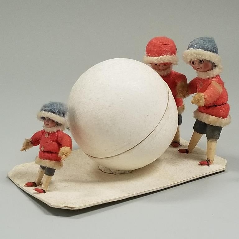 Antique German Heubach bisque head kids & snowball candy container - 6 3/4" long x 3 3/4" high (1 of 10)