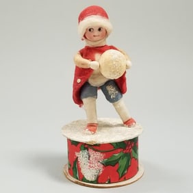 Antique German Heubach bisque head & cotton boy with googly eyes on candy box - 5" high