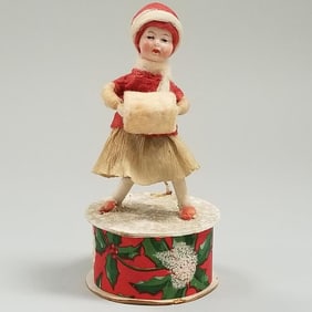 Antique German Heubach bisque head & cotton girl on candy box - 5 1/4" high