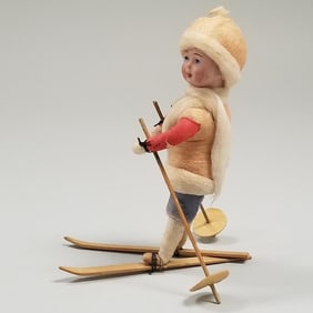 Antique German Heubach bisque head & cotton boy on skis - 4" high