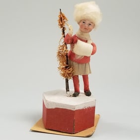 Antique German Heubach bisque head & cotton girl standing on candy box - 5" high, bottom stuck