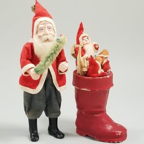 Vintage 8" Japan Santa with chenille tree & a 4" papier-mache Santa boot with 6 small vintage Japan