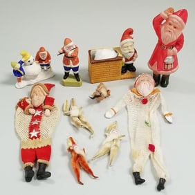 10 assorted vintage Japan, etc. Santas including 2 celluloid face net bag candy containers, bisque