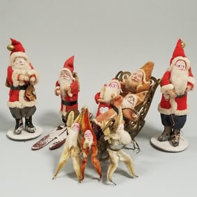 9 assorted vintage Japan Santas including 3 mini chenille & Santa on skis - 5 1/2" tallest