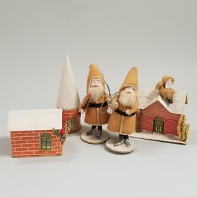5 assorted vintage Japan candy containers including 3 buildings & 2 standing Santas (turret base