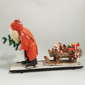 Antique German Santa pulling sleigh with toys & feather tree with candles (some newer additions;