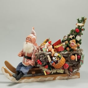 Antique 9" German Santa on sleigh full of toys with newer additions - 12 1/2" x 9 1/4"