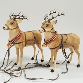 2 antique German reindeer candy containers with glass eye & metal antlers - approx. 7" high x 6"
