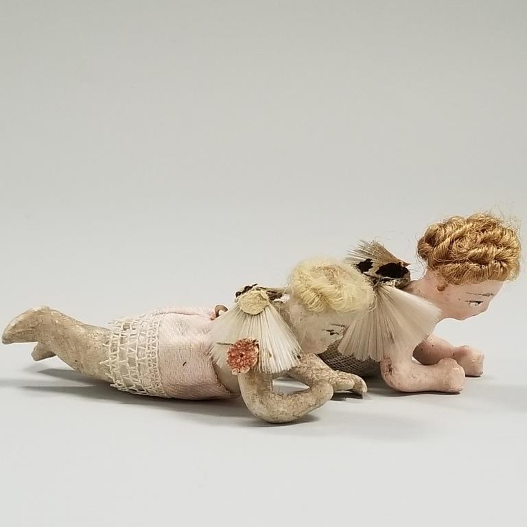 2 antique German wax angels - 4" long: 2 antique German wax angels - 4" long