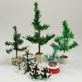 7 small antique / vintage feather, etc. Christmas trees including 2 candy containers - sizes range