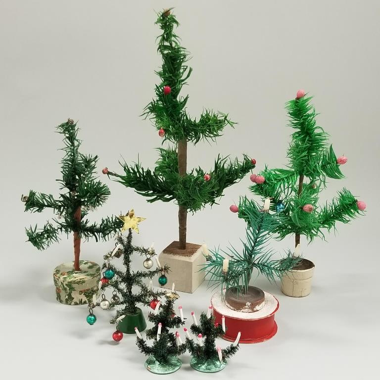 7 small antique / vintage feather, etc. Christmas trees including 2 candy containers - sizes range (1 of 10)