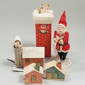 4 vintage Japan candy containers - houses, etc. - 2 with Santas & a 7 1/2" vintage Japan Santa