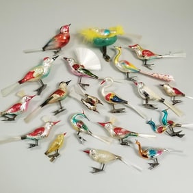 19 antique & vintage, etc. glass bird ornaments with clips including a nest