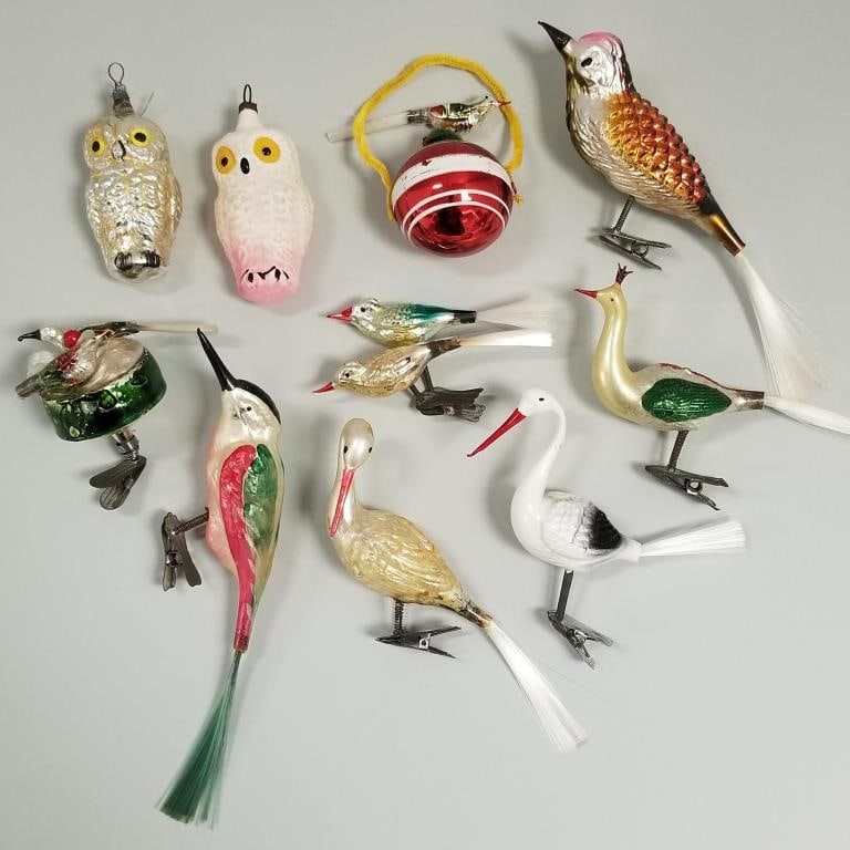 10 antique & vintage, etc. glass bird ornaments including owls, stork, birds nest, etc. (1 of 8)