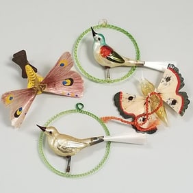 4 antique, etc. glass ornaments including 2 moths & 2 birds on perches
