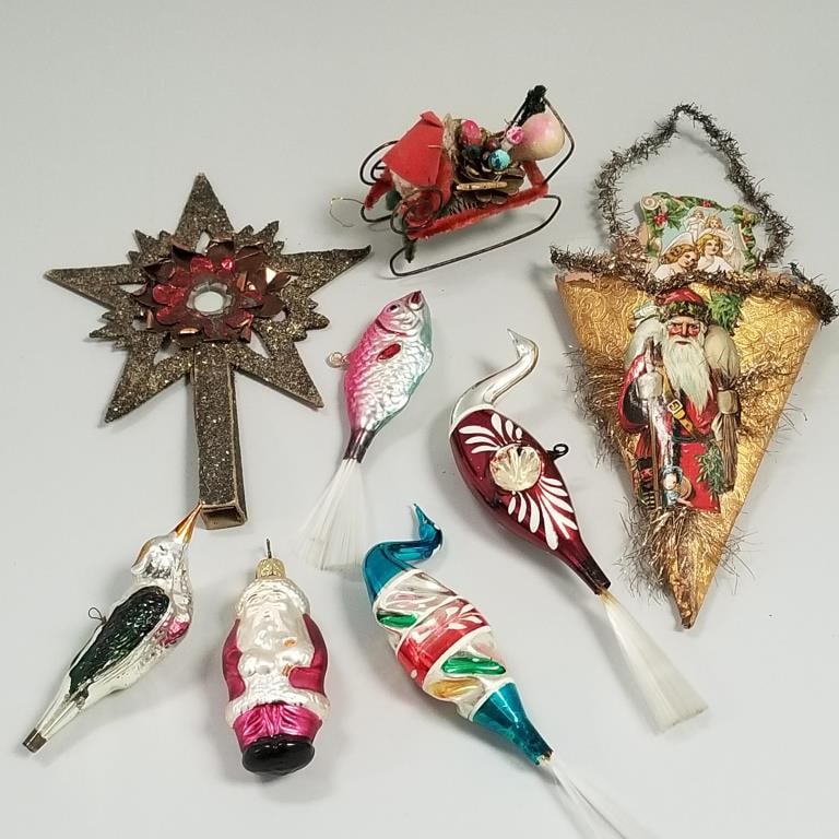 8 antique, etc. ornaments including glass fish, German die cut, etc.: 8 antique, etc. ornaments including glass fish, German die cut, etc.