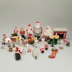 3 vintage Santa, etc. candy containers & a group of vintage Christmas decorations including