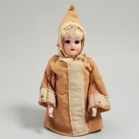 Antique German bisque head candy container with paperweight (?) glass eyes & open mouth with teeth -