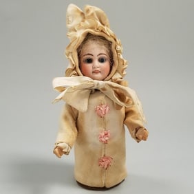 Antique German bisque head candy container - costume hood has ears - head impressed 1894 Germany -