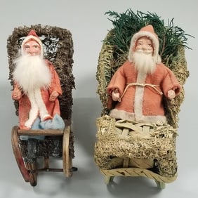 2 antique German Santas with wicker & moss sleighs 8" long & 9" long
