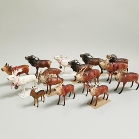 15 assorted German papier-mache reindeer with metal antlers (some antlers as seen) - sizes range