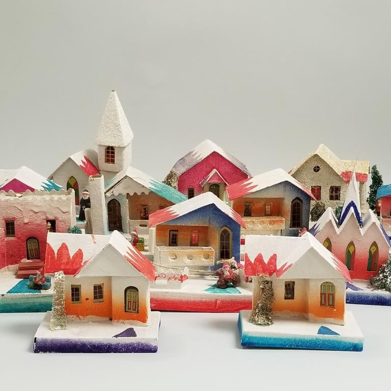 13 assorted vintage Japan cardboard Christmas village houses - some with bisque figures including (1 of 10)