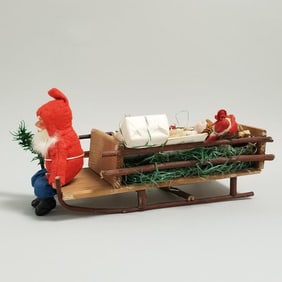 Vintage German wood sled  9 1/2" long with Santa 5" tall and vintage & newer toy items