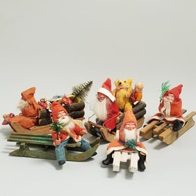5 vintage small German wood sleighs with Santas some with vintage & newer toys - 4 1/2" to 5 1/2"