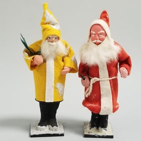 2 vintage German Santa candy containers - 1 with yellow coat - approx. 7" tall