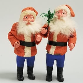 2 vintage 5" German Santa candy containers with papier-mache blue pants (some color, etc. losses)