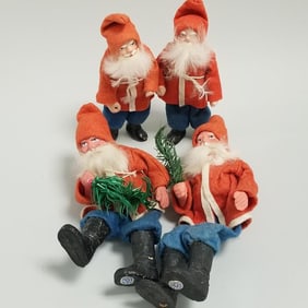 4 vintage German Santas with blue felt pants - 2 standing & 2 sitting - 5 1/2" tallest (as seen -
