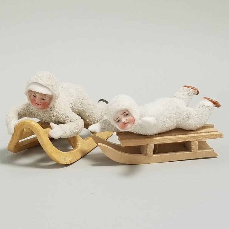 2 antique bisque Snow Babies on sleds - 1 sled is wood; approx. 3 1/2"L (1 of 11)