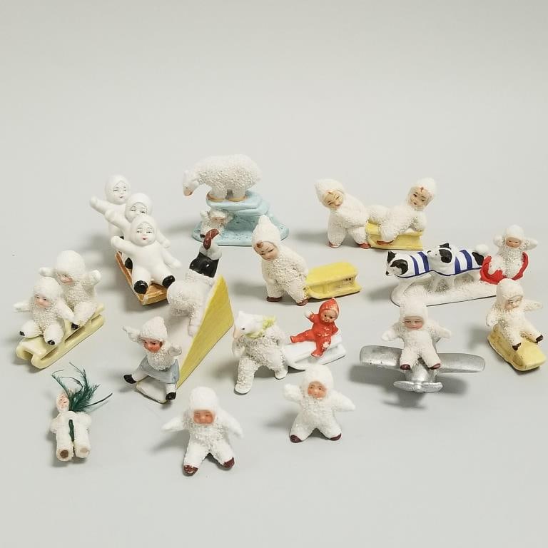 13 antique / vintage Snow Baby, etc. figures including airplane, dogsled, bears - 3" longest (as is (1 of 16)