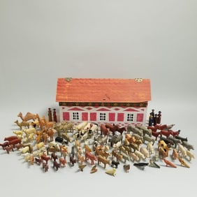Antique painted wood Noah's Ark 18" with assembled collection of over 115 Erzebirge, etc. animals