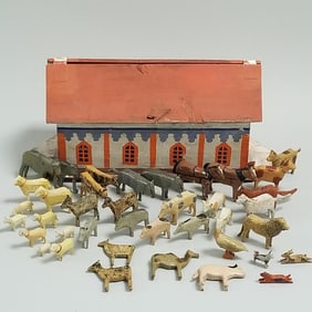 Antique painted wood Noah's Ark 11" with assembled collection of approx 38 Erzebirge, etc. animals