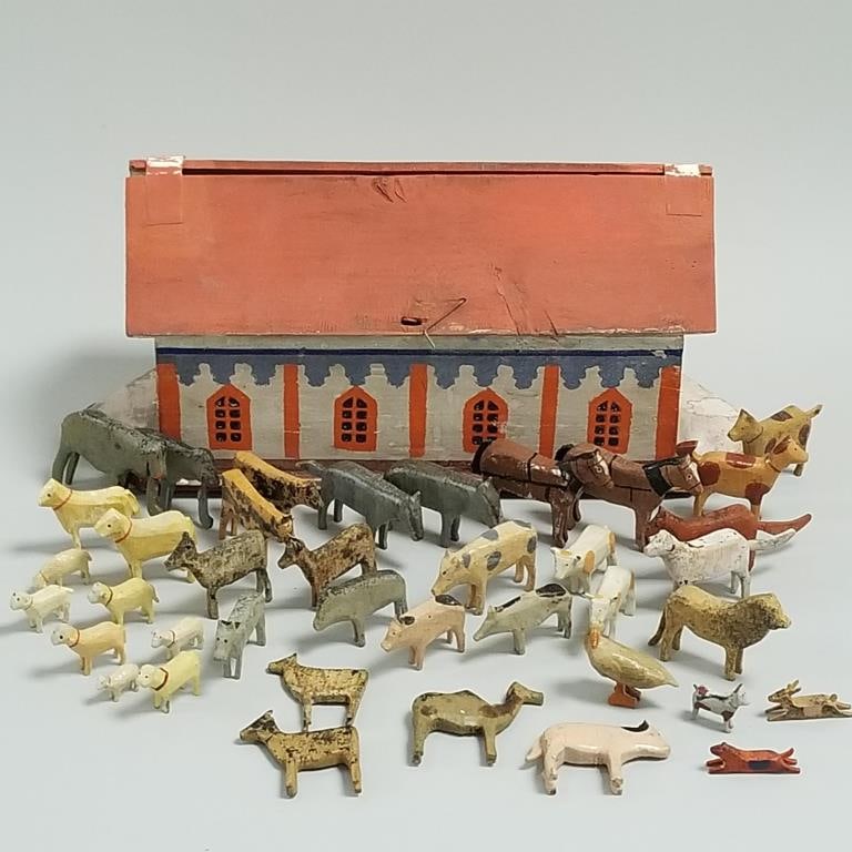 Antique painted wood Noah's Ark 11" with assembled collection of approx 38 Erzebirge, etc. animals (1 of 17)