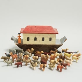 Antique painted wood Noah's Ark 7" with assembled collection of approx 44 Erzebirge, etc. animals