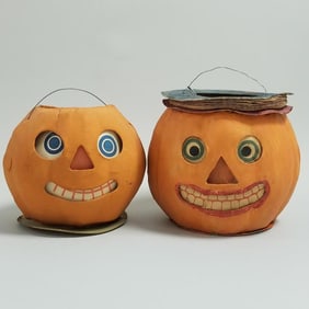 2 vintage Jack-O-Lanterns with paper faces - 1 with accordion hat -approx. 4 1/2" x 5"
